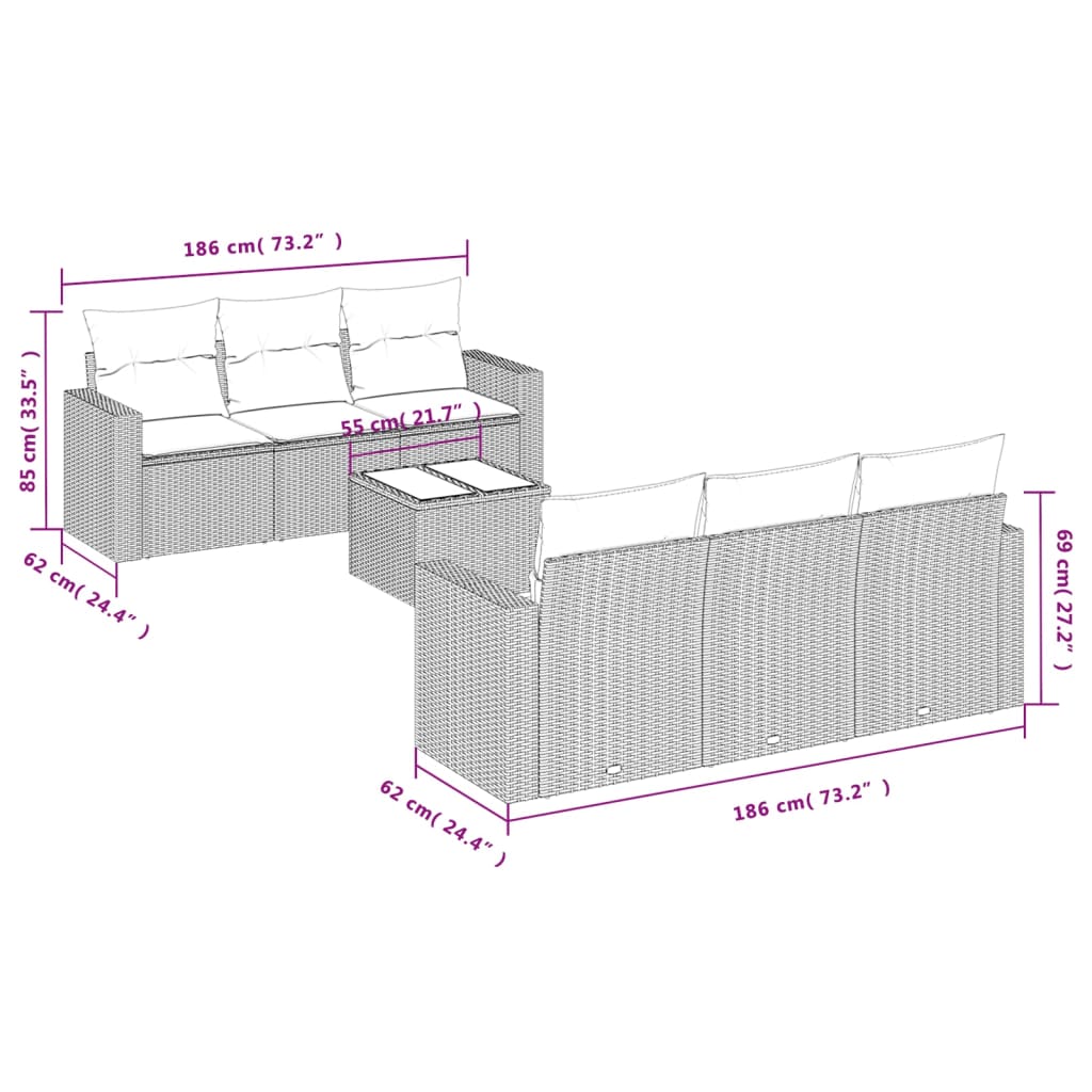 7-delige Loungeset met kussens poly rattan lichtgrijs