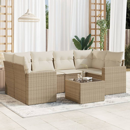 7-delige Loungeset met kussens poly rattan beige