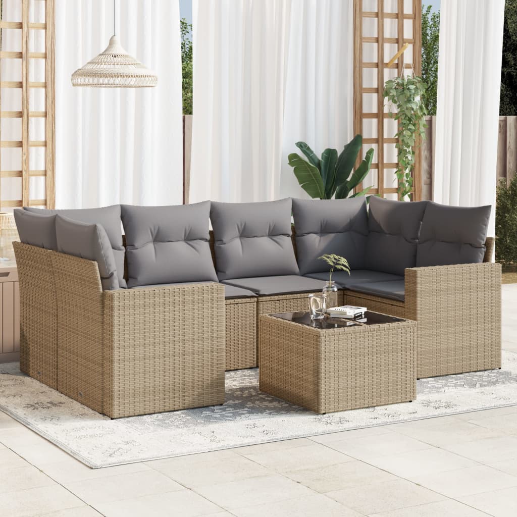 7-delige Loungeset met kussens poly rattan beige