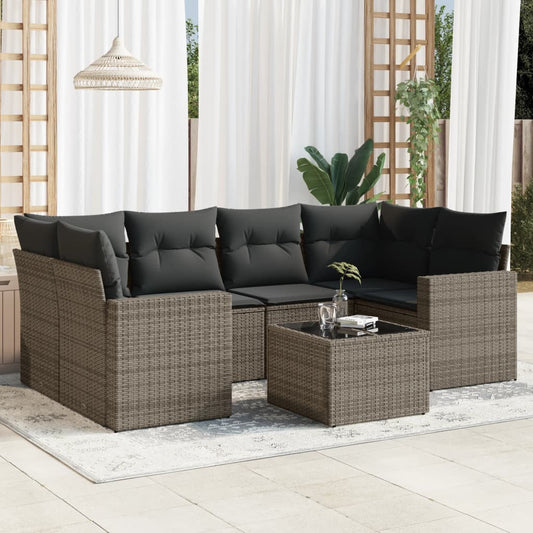 7-delige Loungeset met kussens poly rattan grijs