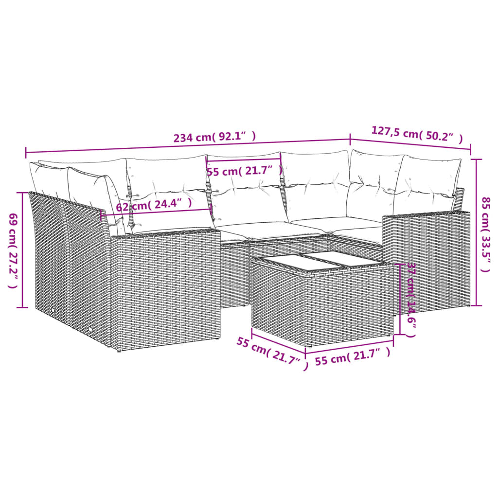 7-delige Loungeset met kussens poly rattan lichtgrijs