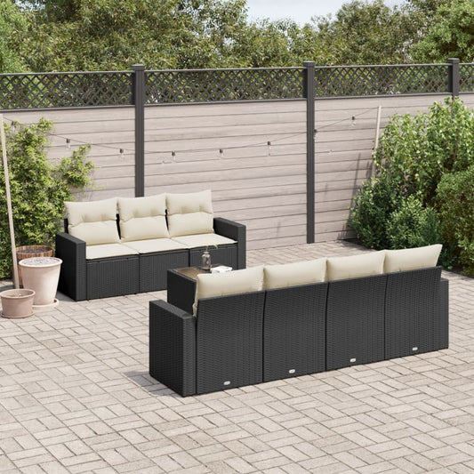 8-delige Loungeset met kussens poly rattan zwart