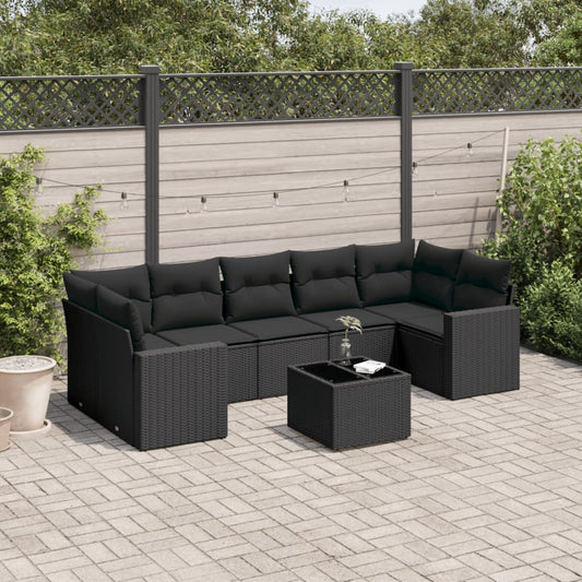 8-delige Loungeset met kussens poly rattan zwart