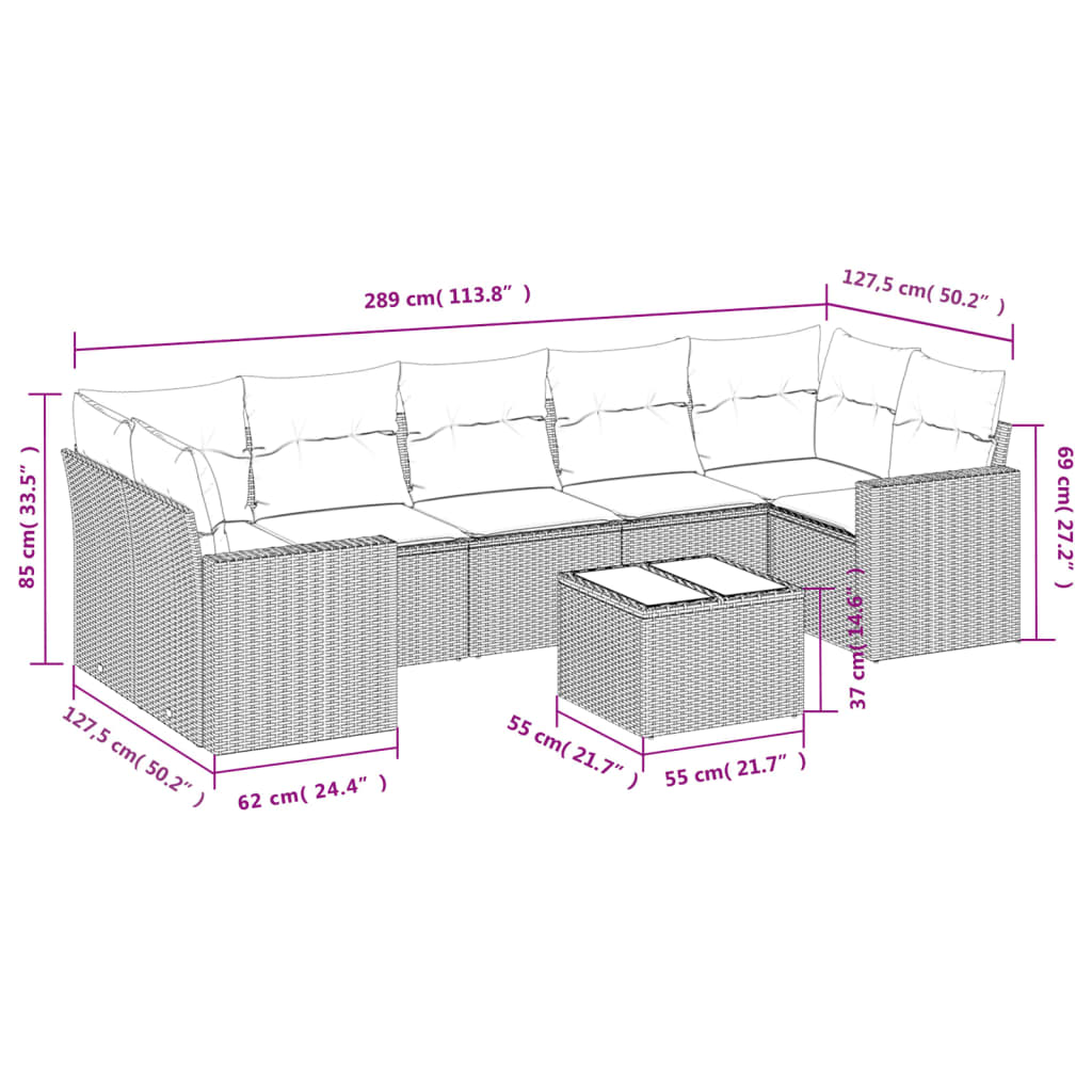 8-delige Loungeset met kussens poly rattan zwart