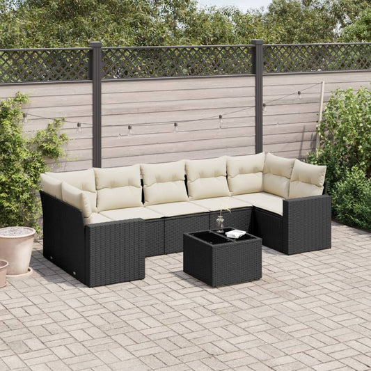 8-delige Loungeset met kussens poly rattan zwart