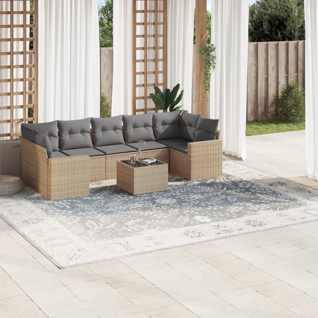 8-delige Loungeset met kussens poly rattan beige