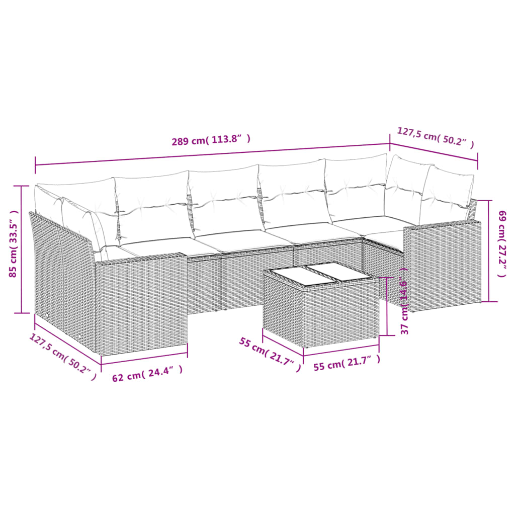 8-delige Loungeset met kussens poly rattan bruin