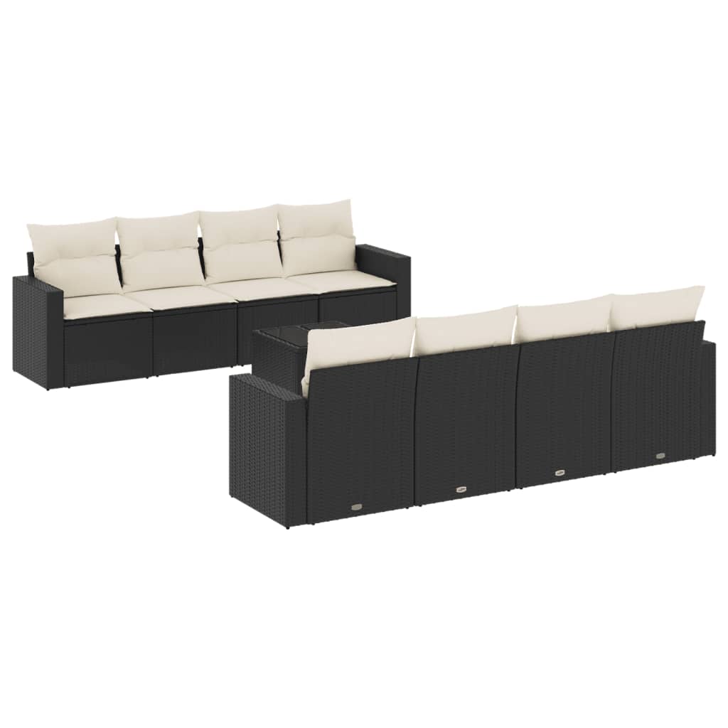 9-delige Loungeset met kussens poly rattan zwart