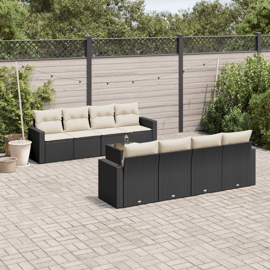 9-delige Loungeset met kussens poly rattan zwart