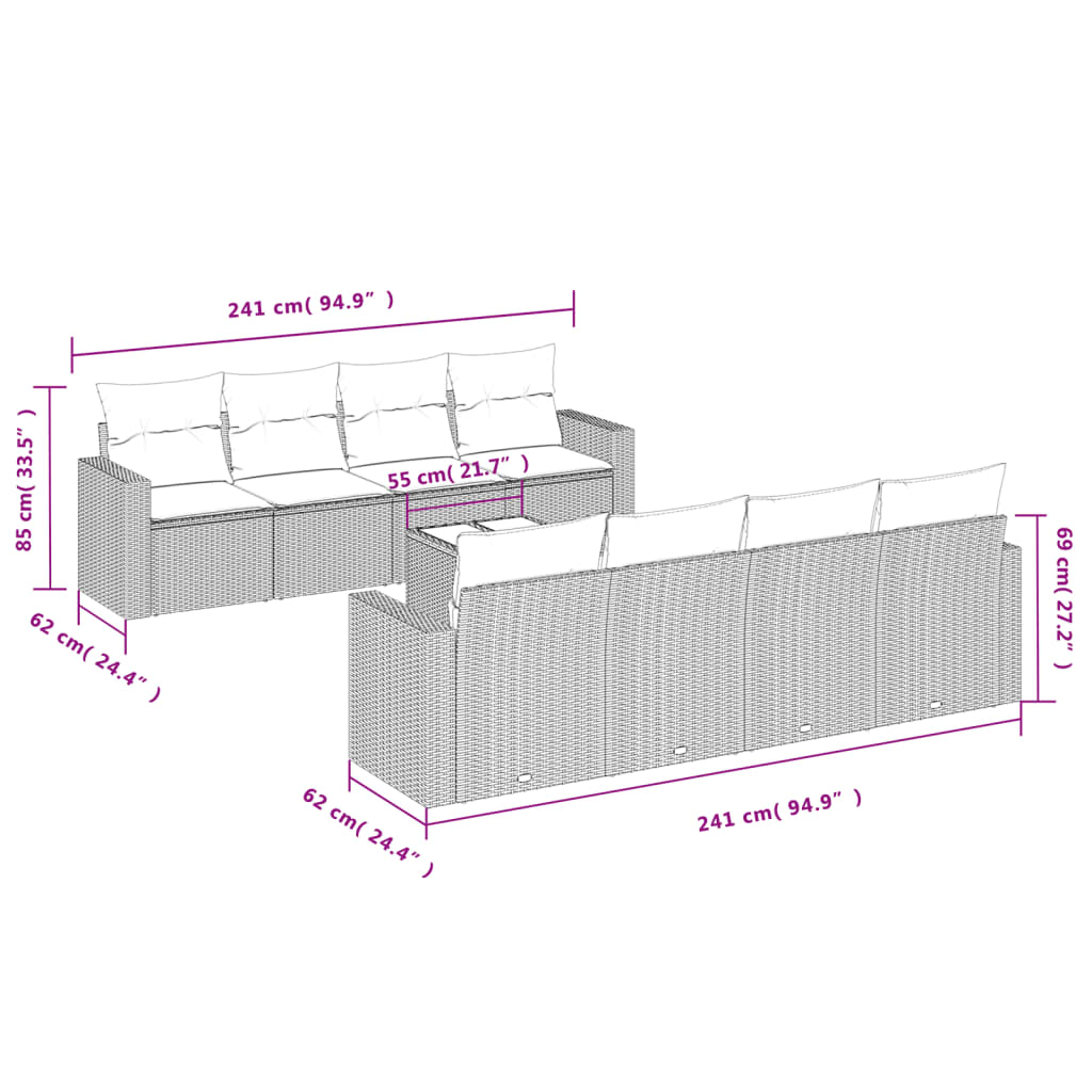 9-delige Loungeset met kussens poly rattan beige