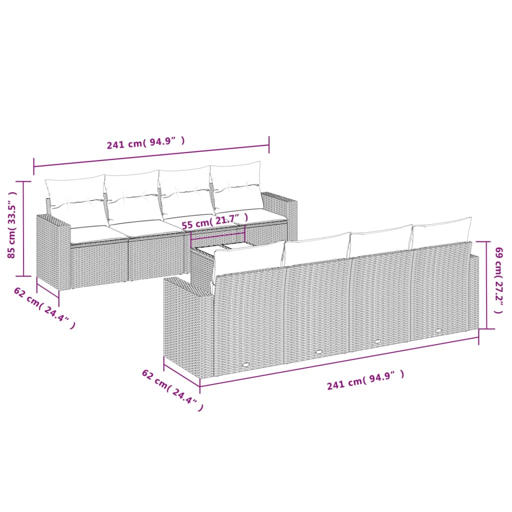 9-delige Loungeset met kussens poly rattan bruin