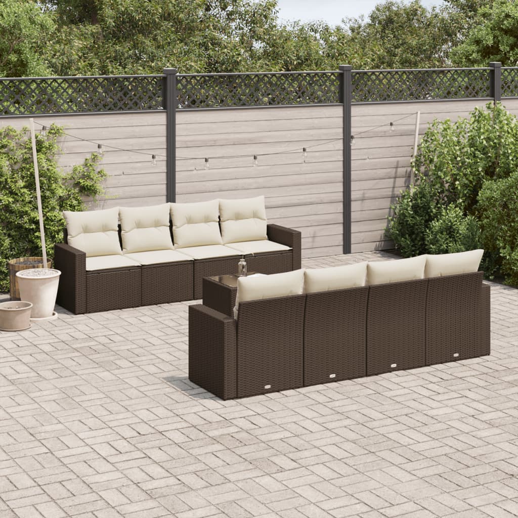 9-delige Loungeset met kussens poly rattan bruin