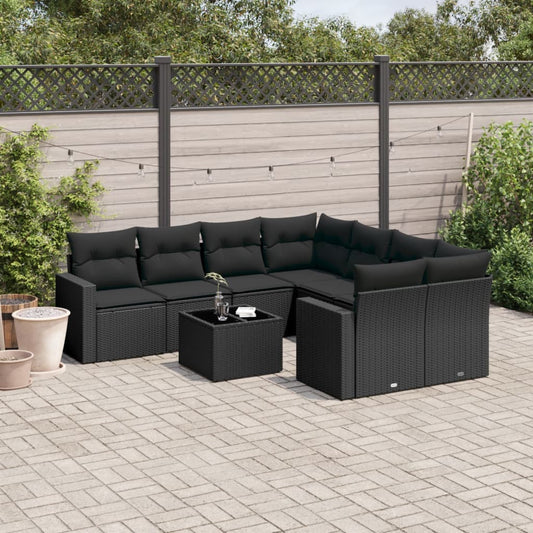 9-delige Loungeset met kussens poly rattan zwart