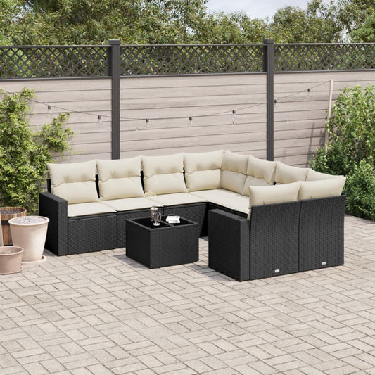 9-delige Loungeset met kussens poly rattan zwart