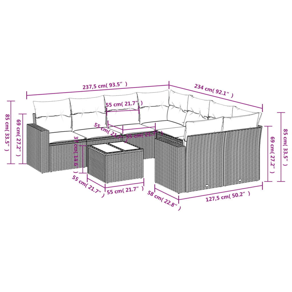 9-delige Loungeset met kussens poly rattan beige