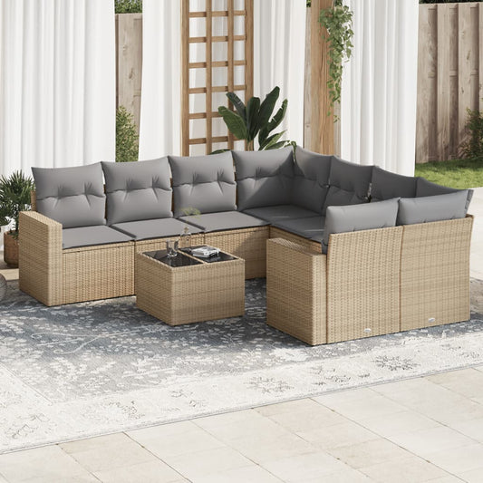 9-delige Loungeset met kussens poly rattan beige