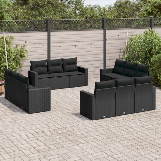 12-delige Loungeset met kussens poly rattan zwart