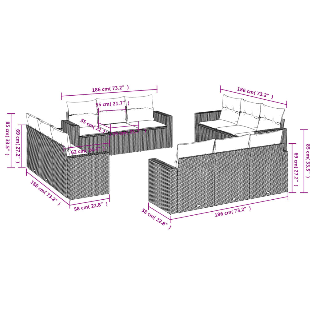 12-delige Loungeset met kussens poly rattan zwart