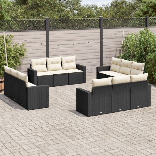 12-delige Loungeset met kussens poly rattan zwart