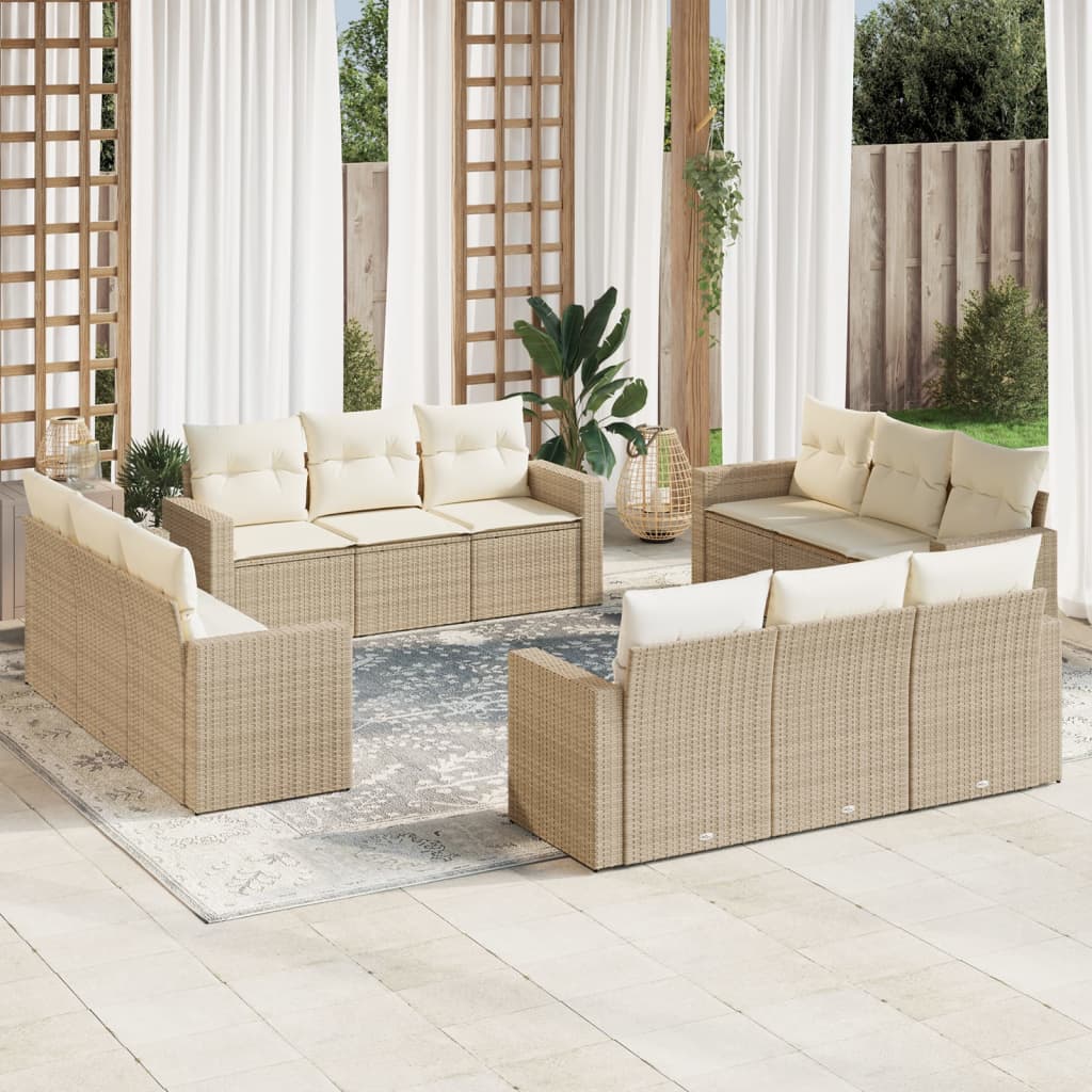 12-delige Loungeset met kussens poly rattan beige