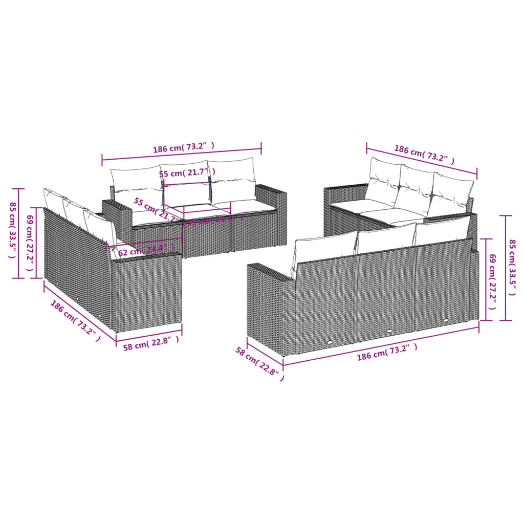 12-delige Loungeset met kussens poly rattan lichtgrijs