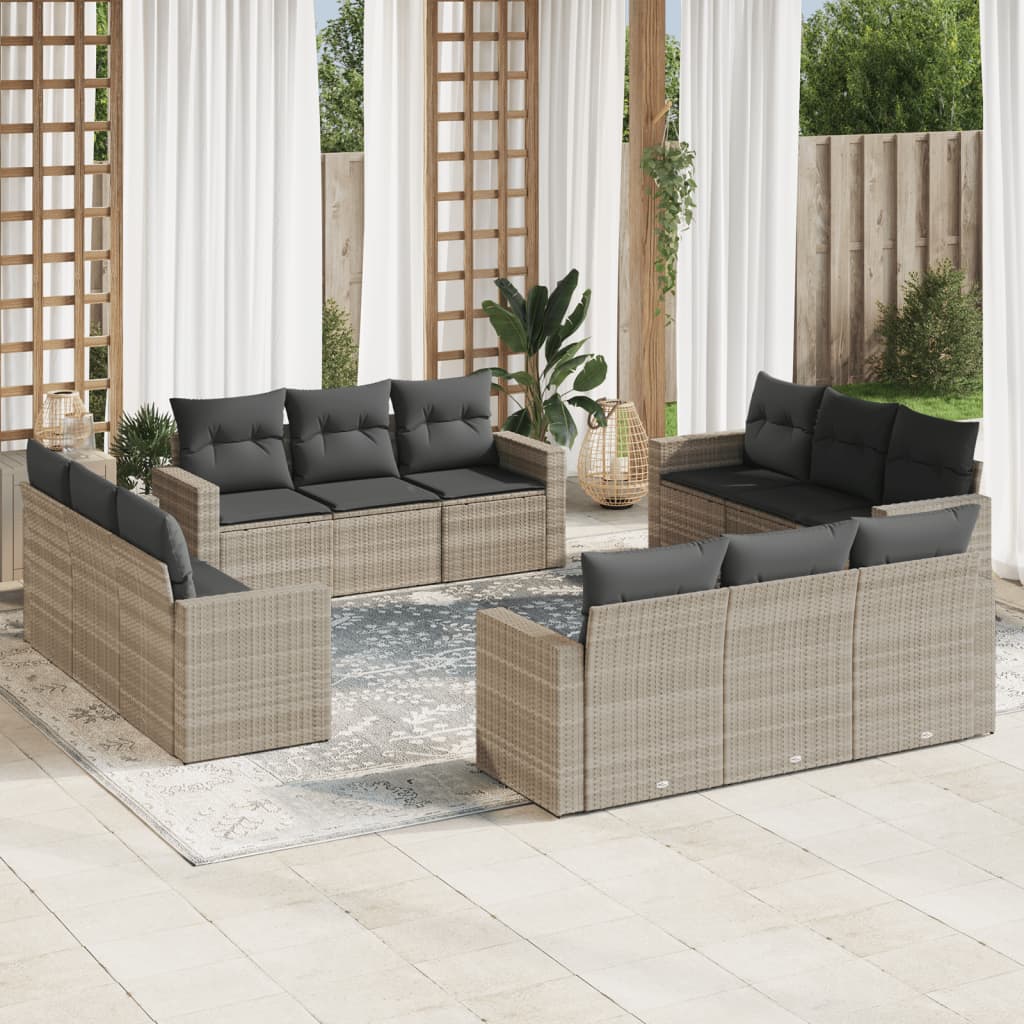 12-delige Loungeset met kussens poly rattan lichtgrijs