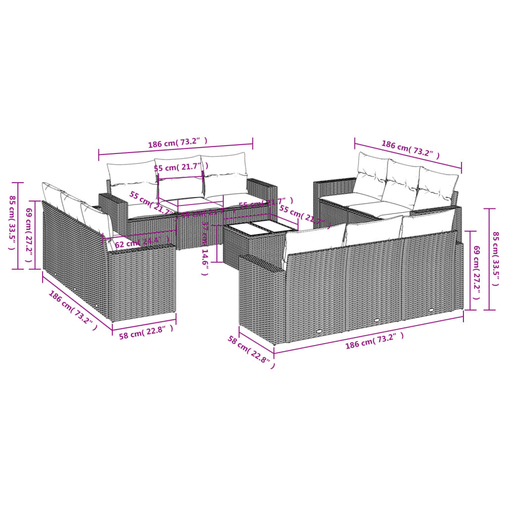 13-delige Loungeset met kussens poly rattan zwart