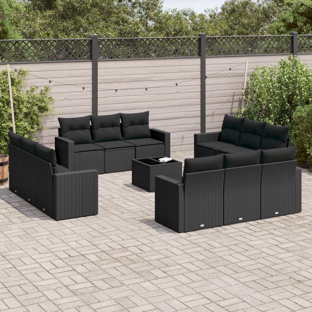 13-delige Loungeset met kussens poly rattan zwart