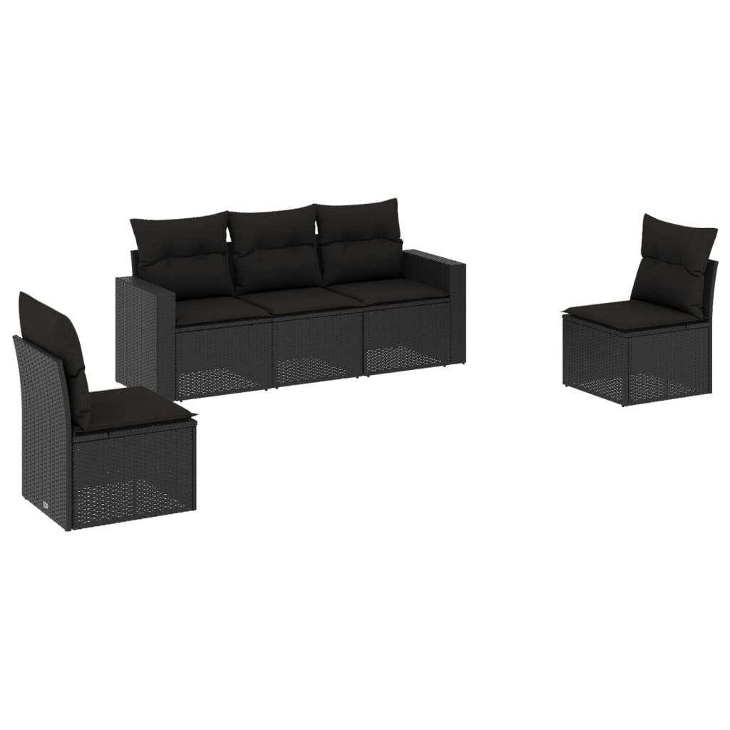 5-delige Loungeset met kussens poly rattan zwart