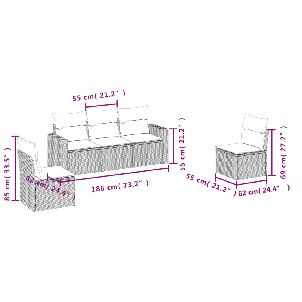 5-delige Loungeset met kussens poly rattan zwart