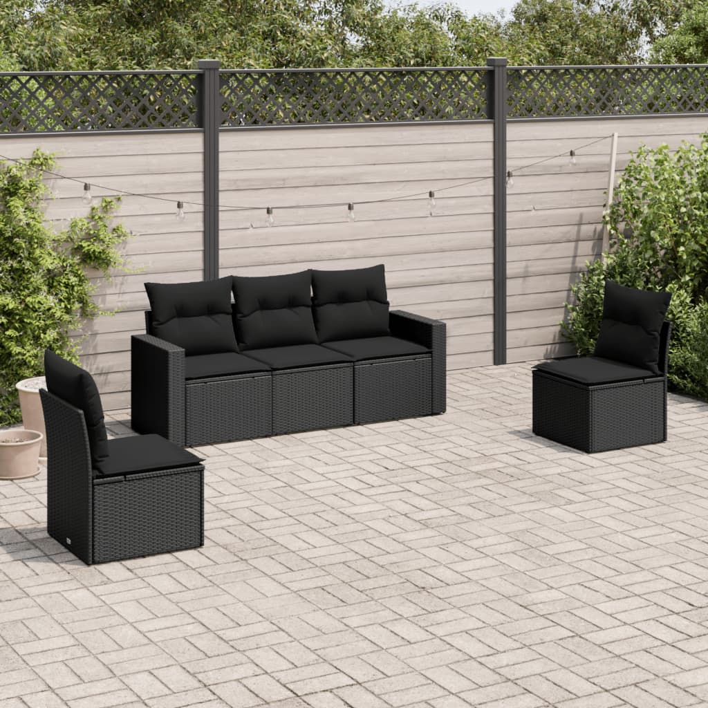 5-delige Loungeset met kussens poly rattan zwart