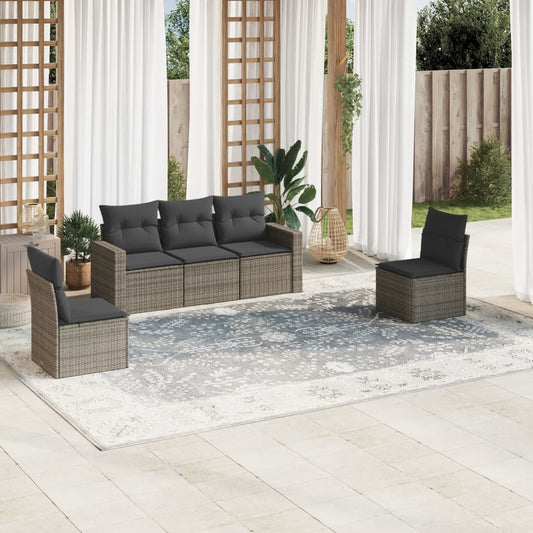 5-delige Loungeset met kussens poly rattan grijs