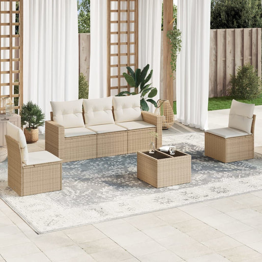 6-delige Loungeset met kussens poly rattan beige