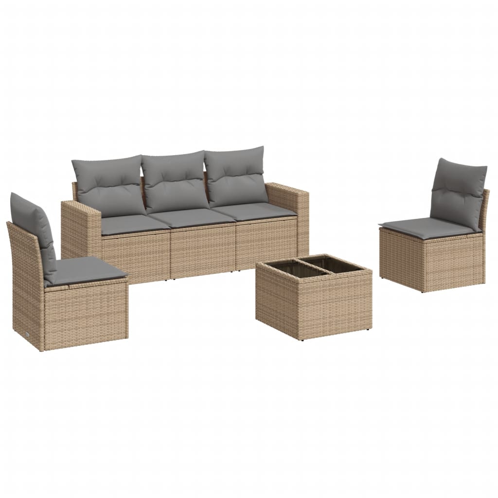 6-delige Loungeset met kussens poly rattan beige