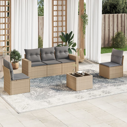 6-delige Loungeset met kussens poly rattan beige