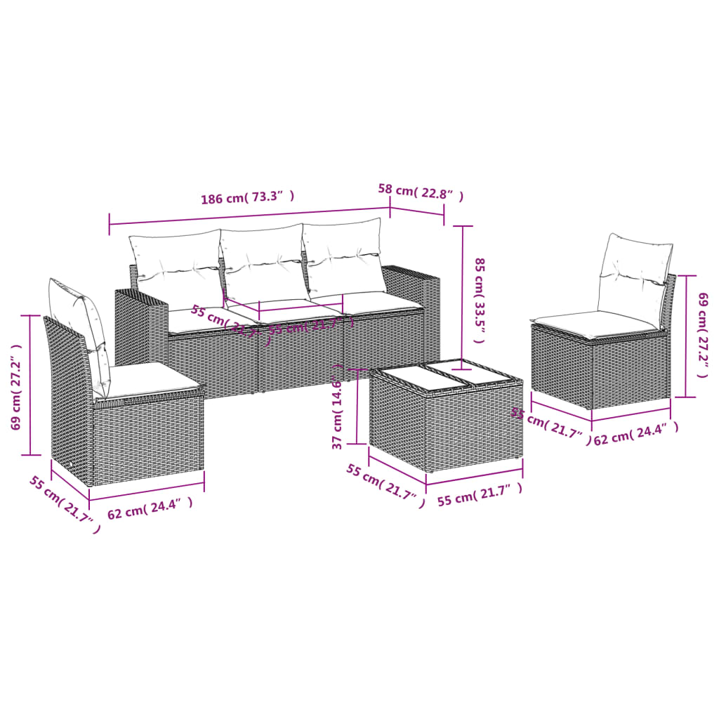 6-delige Loungeset met kussens poly rattan bruin