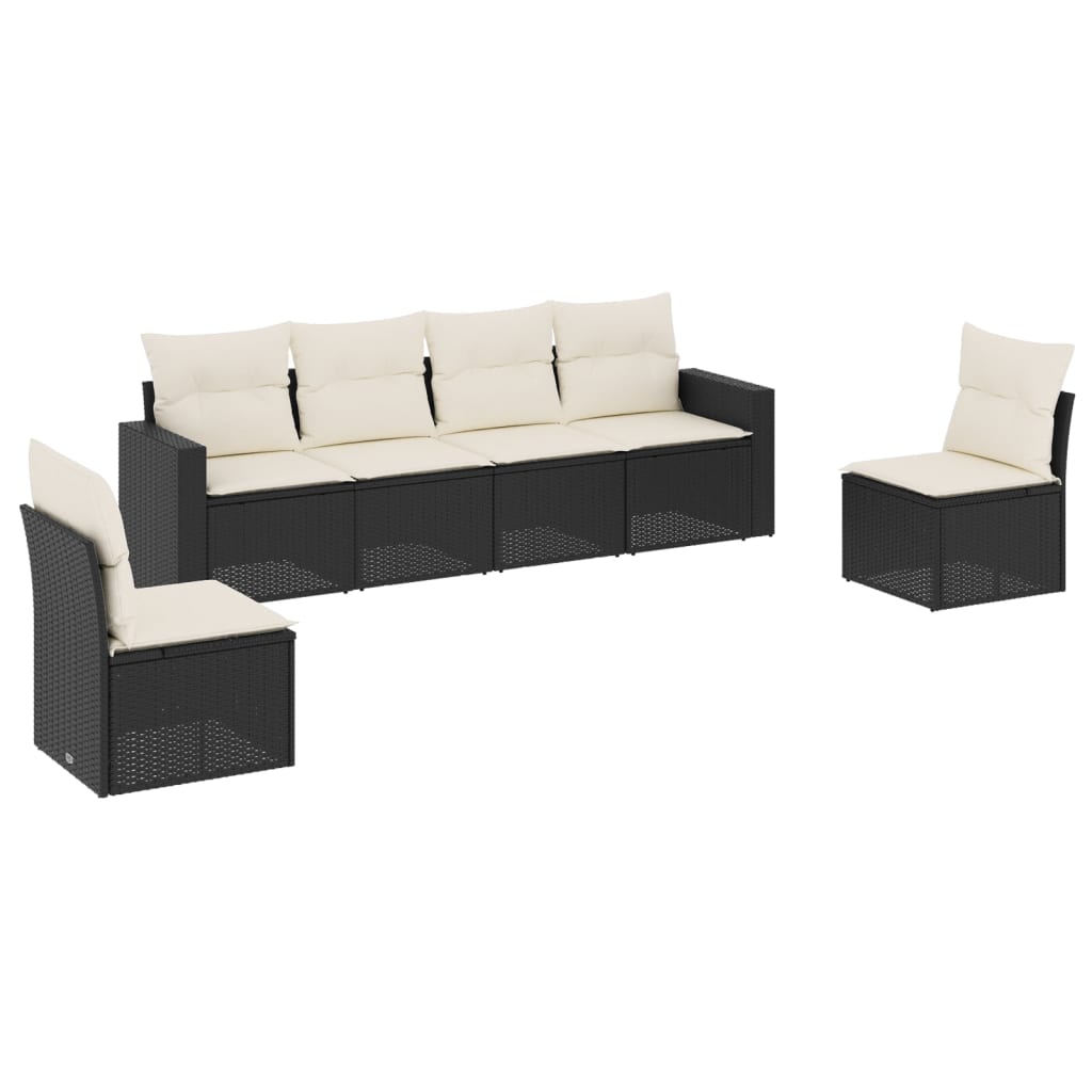 6-delige Loungeset met kussens poly rattan zwart