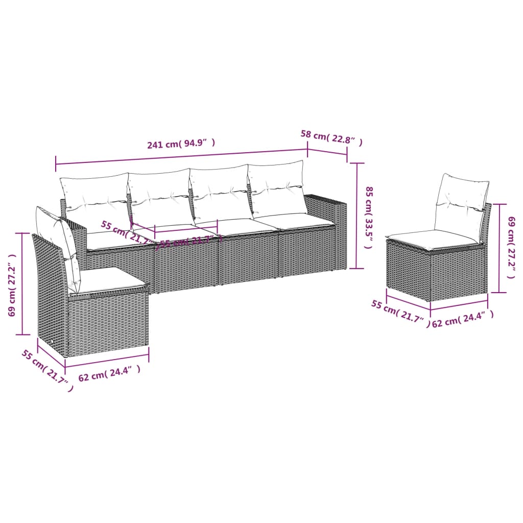 6-delige Loungeset met kussens poly rattan zwart