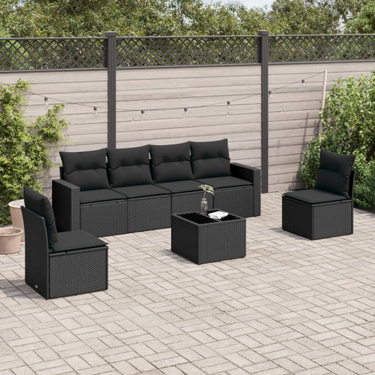 7-delige Loungeset met kussens poly rattan zwart