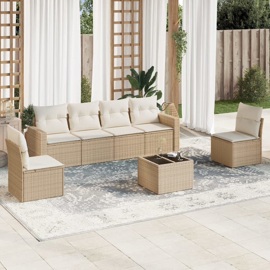 7-delige Loungeset met kussens poly rattan beige