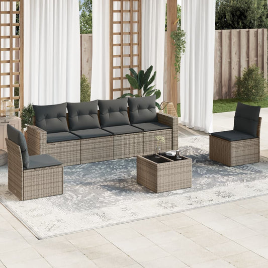 7-delige Loungeset met kussens poly rattan grijs