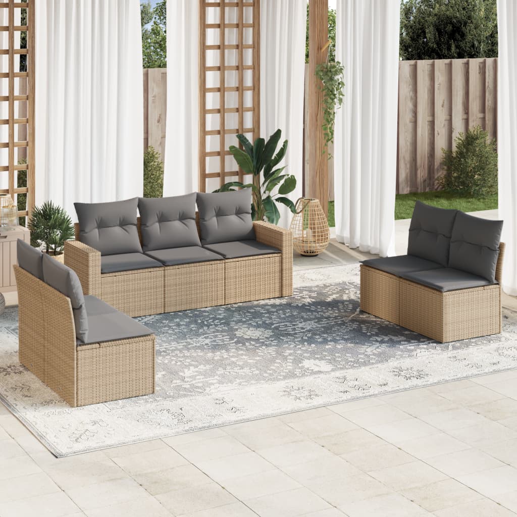 7-delige Loungeset met kussens poly rattan beige