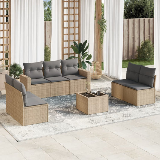 8-delige Loungeset met kussens poly rattan beige