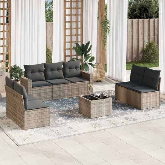 8-delige Loungeset met kussens poly rattan grijs