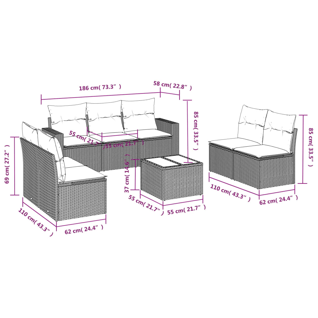 8-delige Loungeset met kussens poly rattan bruin