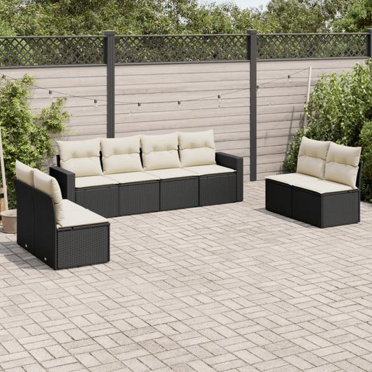 8-delige Loungeset met kussens poly rattan zwart