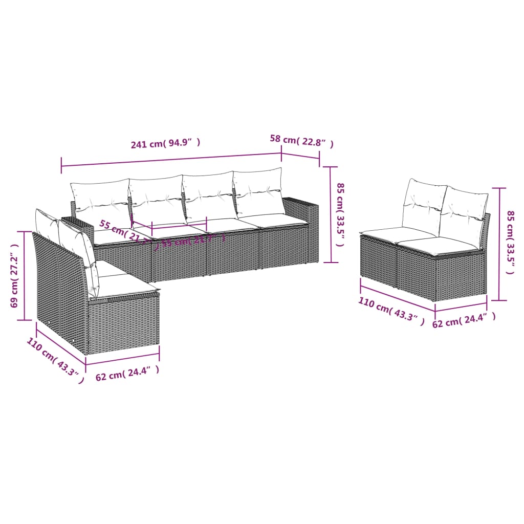 8-delige Loungeset met kussens poly rattan bruin