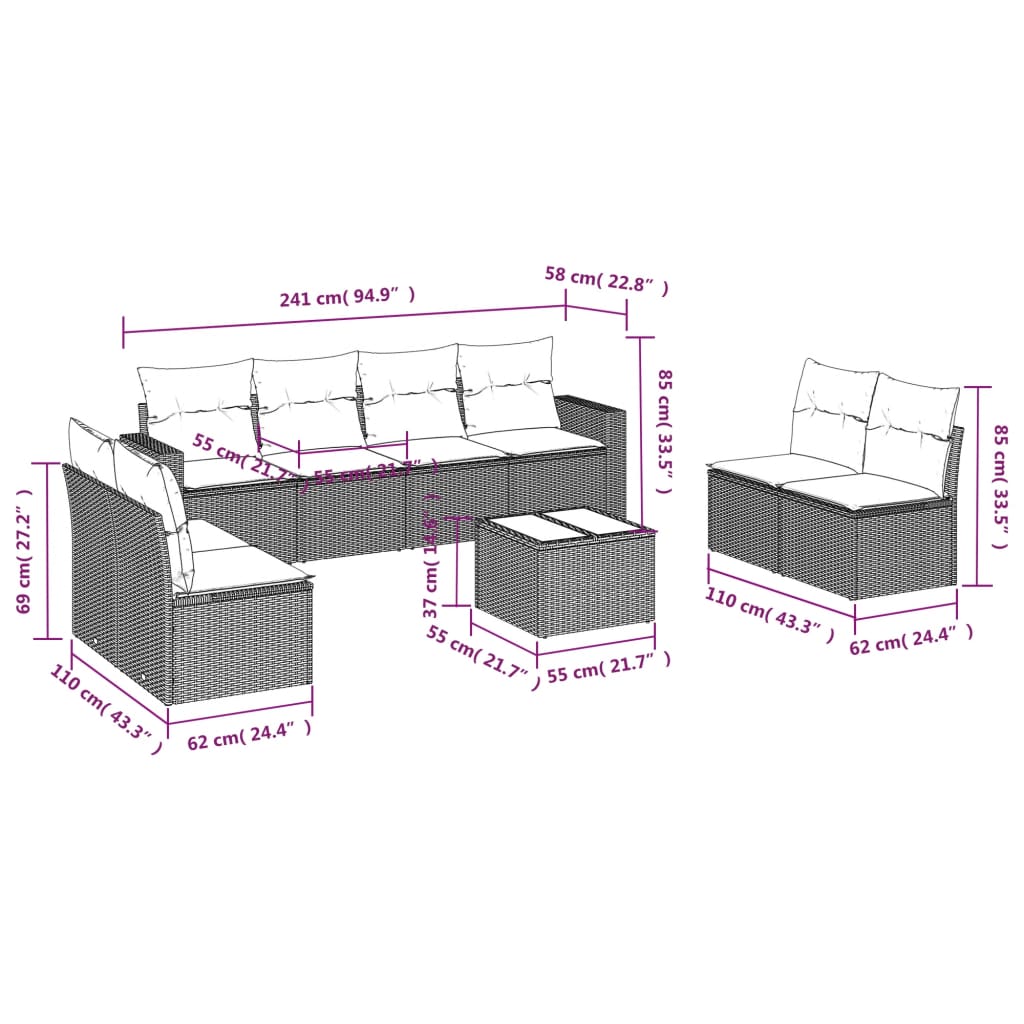 9-delige Loungeset met kussens poly rattan bruin