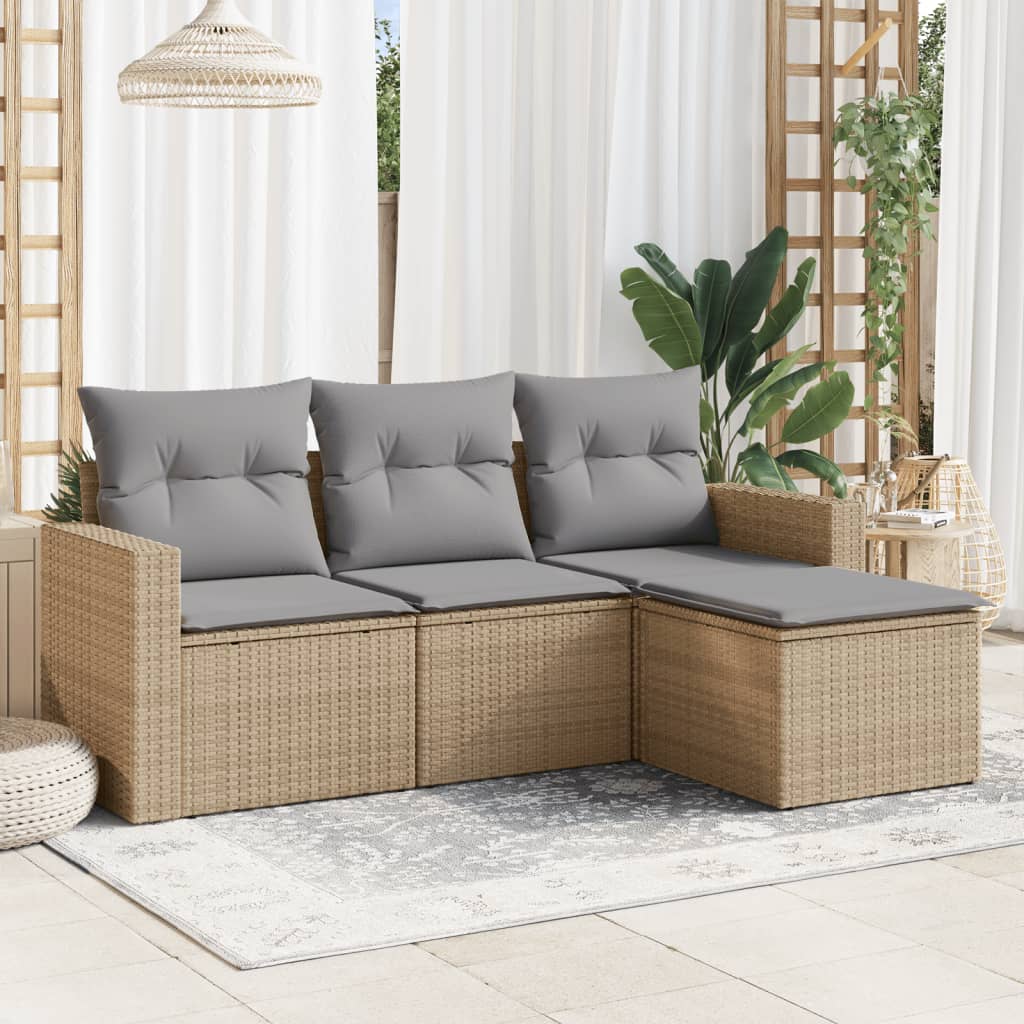 4-delige Loungeset met kussens poly rattan beige