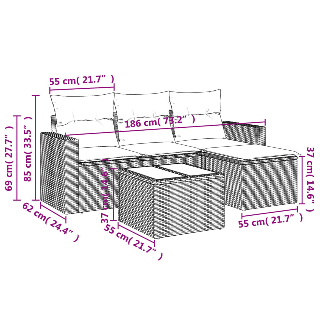 5-delige Loungeset met kussens poly rattan zwart